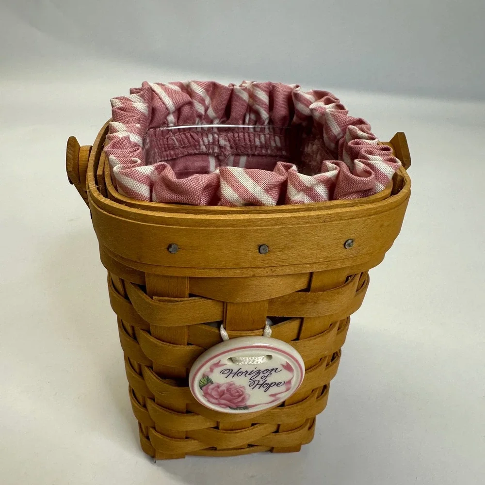 Longaberger Horizon of Hope Basket Pink Striped Liner Ceramic Rose Tie-On